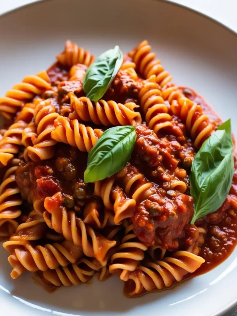 A plate of spiral pasta coated in a rich, red tomato sauce. The sauce appears to be simmered with vegetables and possibly meat, and it's garnished with fresh basil leaves. The pasta looks incredibly appetizing and perfect for a satisfying Italian meal.