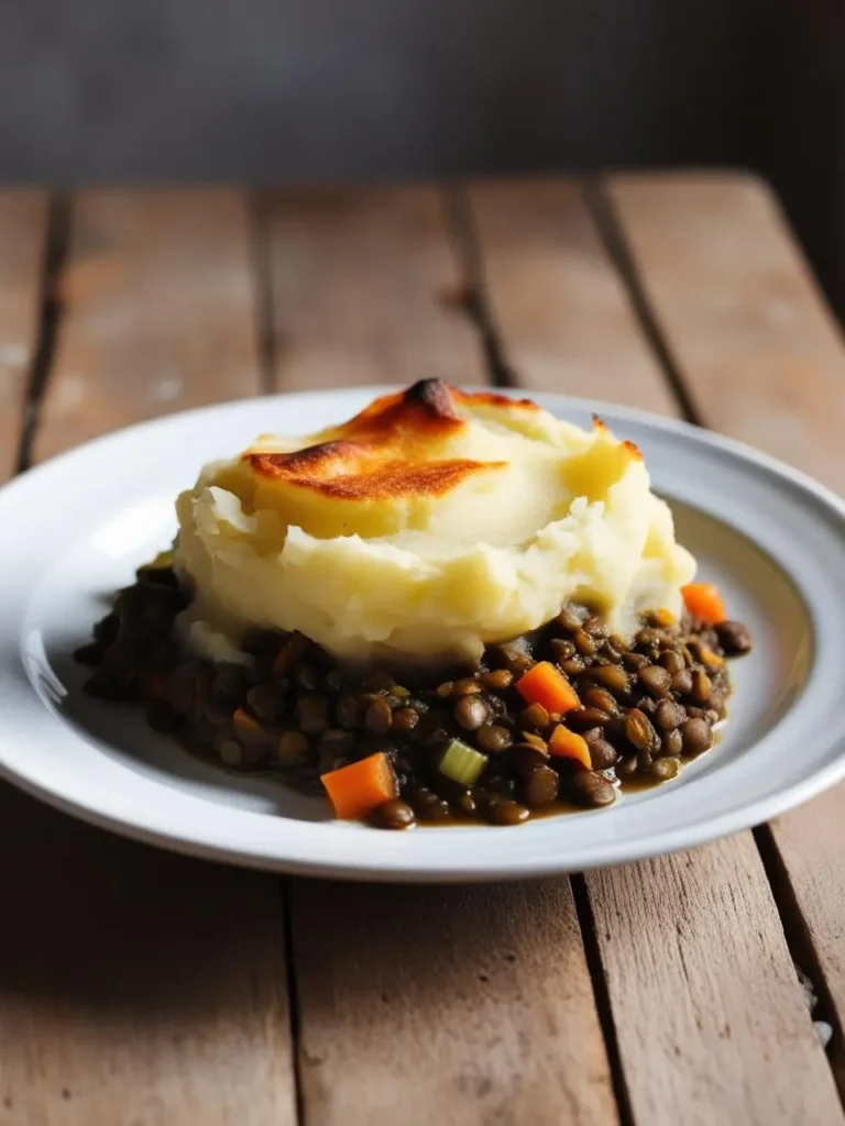 A plate of lentil shepherd's pie. A layer of creamy mashed potato sits atop a rich lentil stew with vegetables, all nestled on a rustic wooden table.