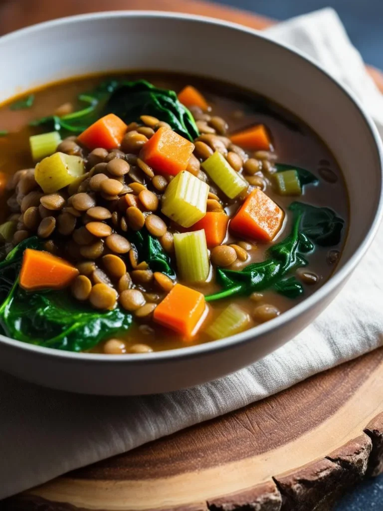 A bowl of hearty lentil soup. The soup is filled with lentils, carrots, celery, and spinach, all simmered in a flavorful broth. The soup looks comforting and perfect for a cold day.