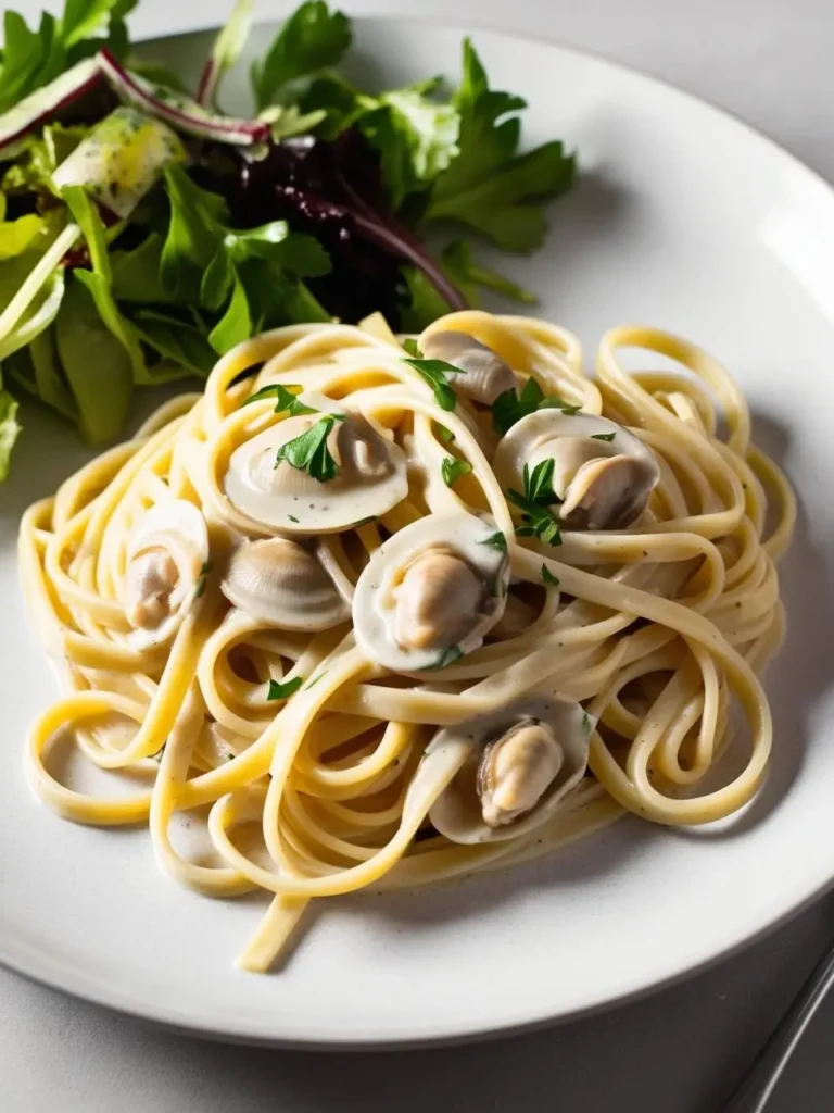 A plate of linguine pasta coated in a creamy sauce and topped with plump, juicy clams. A side salad of mixed greens adds a touch of freshness to the dish. The pasta looks incredibly flavorful and satisfying.