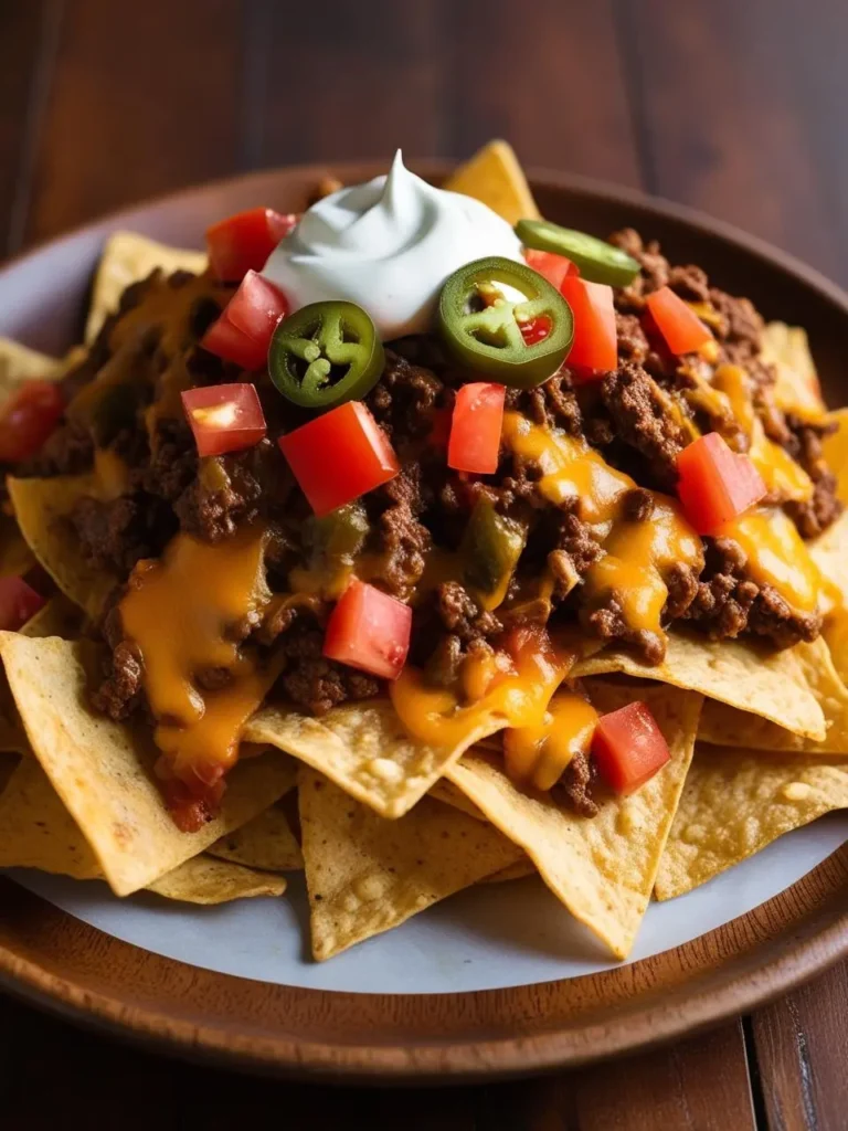 A plate of loaded nachos with crispy tortilla chips piled high and topped with ground beef, melted cheese, diced tomatoes, jalapenos, and a dollop of sour cream.