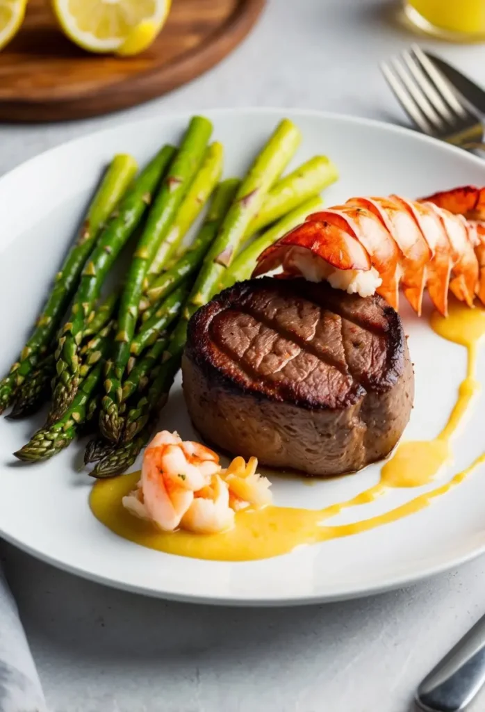 A plate of surf and turf, featuring a perfectly seared steak, succulent lobster tail, and grilled asparagus. The dish is drizzled with a creamy sauce, likely a béarnaise or hollandaise, adding richness to the flavors. The presentation is elegant and inviting.