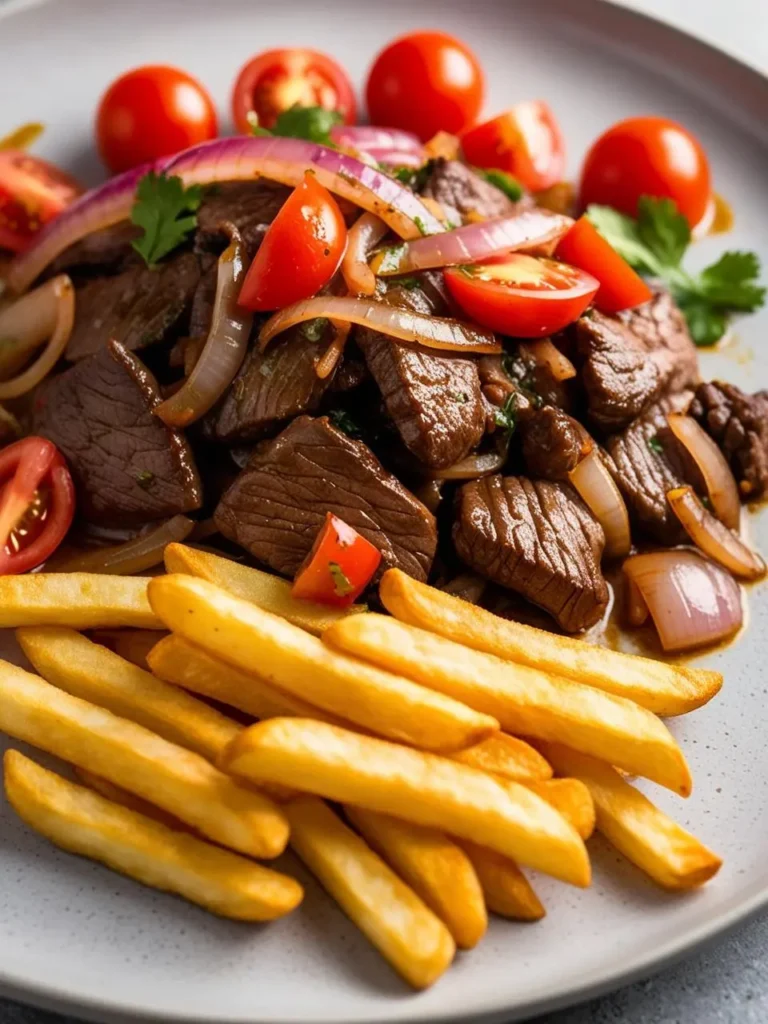 A plate of Lomo Saltado, a classic Peruvian dish. It features stir-fried strips of beef marinated in soy sauce and vinegar, served with french fries, sliced onions, and cherry tomatoes. The dish is a flavorful and satisfying combination of sweet, savory, and salty flavors.