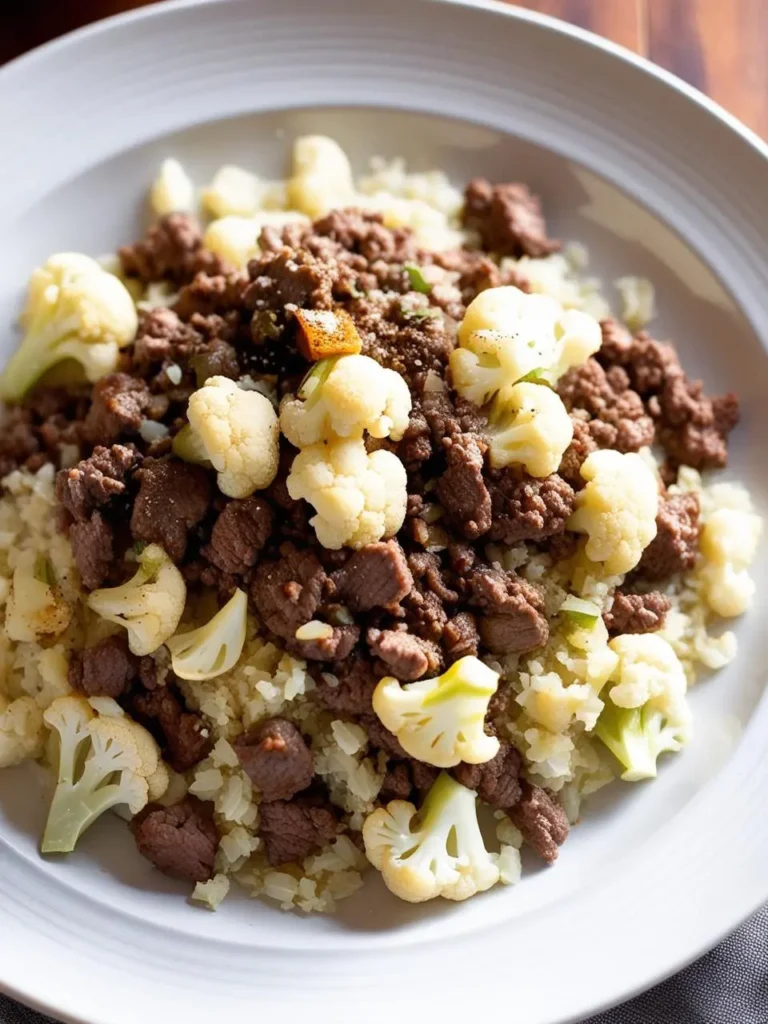 A plate of cauliflower rice topped with seasoned ground beef and roasted cauliflower florets. The dish looks healthy and flavorful, perfect for a low-carb meal.