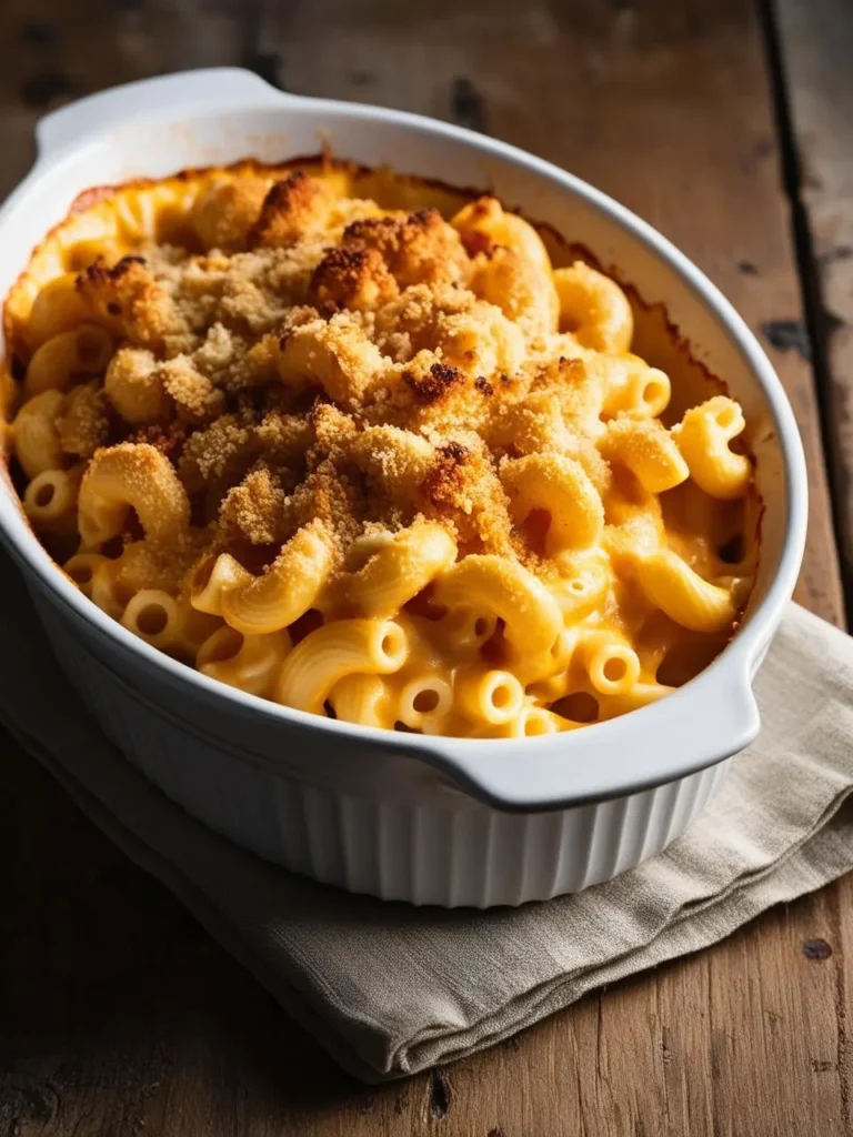 A white baking dish filled with a golden, creamy macaroni and cheese. The top is sprinkled with crispy breadcrumbs and the cheese is bubbling slightly. It looks warm and inviting.