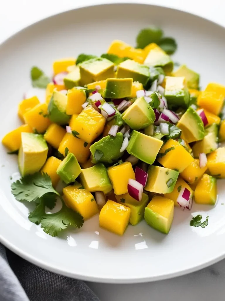 A vibrant salad of diced mango and avocado. The salad is sprinkled with diced red onion and fresh cilantro. The colors are bright and inviting, making it a perfect side dish or appetizer.