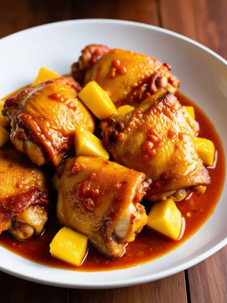 A plate of succulent chicken thighs simmered in a sweet and tangy mango sauce. The dish looks incredibly flavorful and inviting.