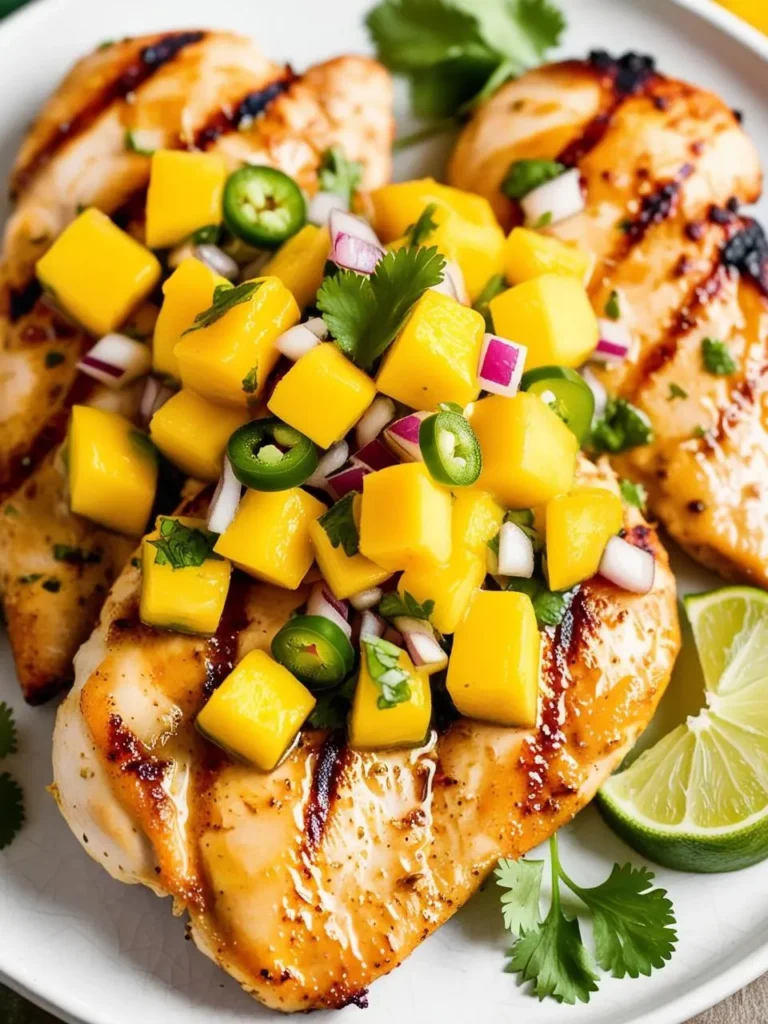 A plate of grilled chicken breasts topped with a vibrant mango salsa. The salsa is made with diced mango, red onion, jalapeno, and cilantro. Lime wedges and fresh cilantro sprigs add a touch of freshness.