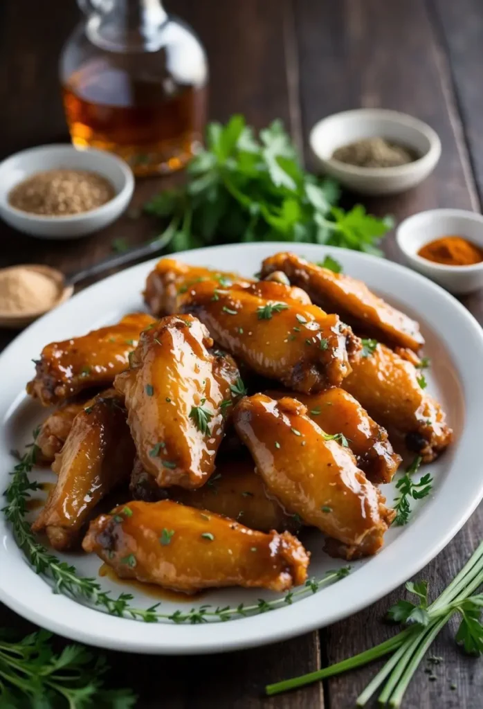 A plate of golden-brown chicken wings glazed with a rich, sticky sauce. The wings are arranged on a white plate and garnished with fresh herbs. The image also shows various spices and herbs in small bowls, suggesting the ingredients used to create the flavorful glaze. The dish looks incredibly appetizing and perfect for a game day snack or a flavorful appetizer.