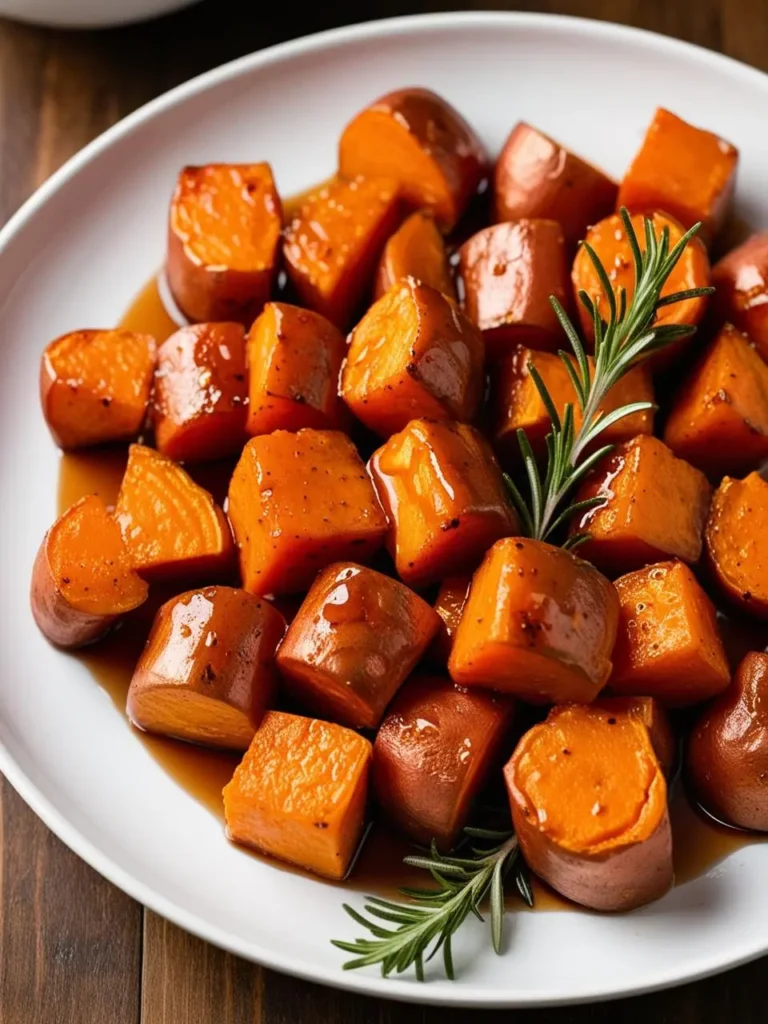 A plate of roasted sweet potatoes glazed with a savory sauce. The potatoes are cut into bite-sized pieces and arranged on a white plate, garnished with a sprig of rosemary. The dish looks incredibly appetizing and perfect for a side dish or a vegetarian meal.