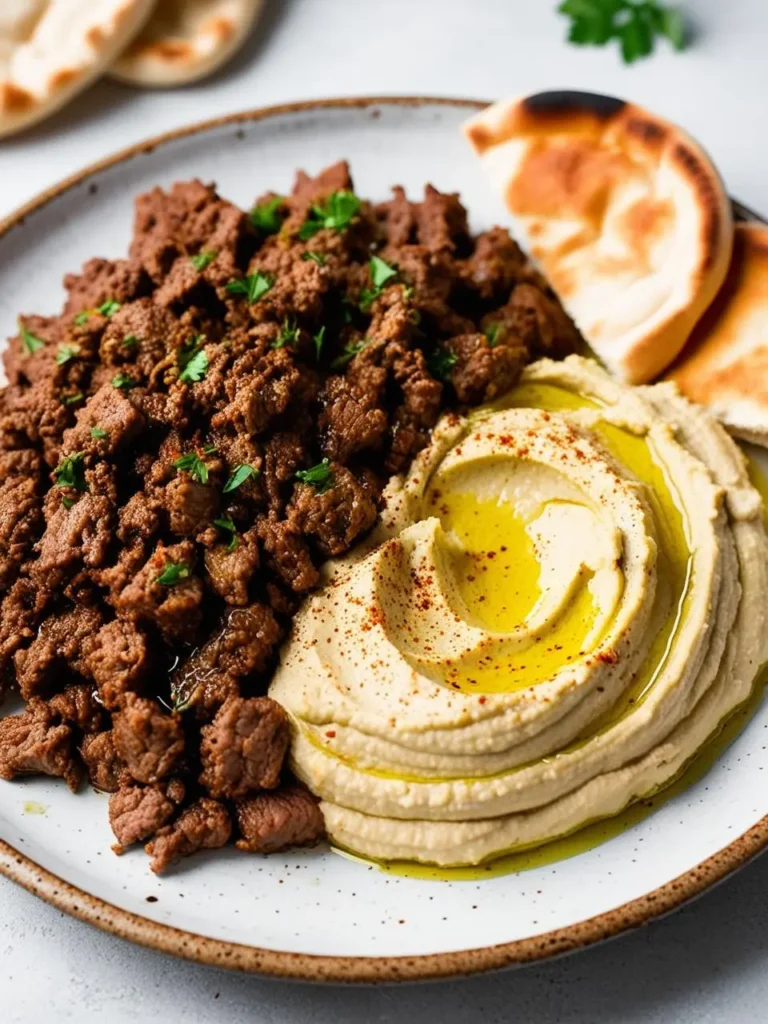 A plate of Middle Eastern-inspired food. One side has a generous scoop of creamy hummus drizzled with olive oil and sprinkled with paprika. The other side features a mound of seasoned ground beef, possibly lamb, with fresh parsley sprinkled on top. Two pita bread halves are placed beside the hummus.