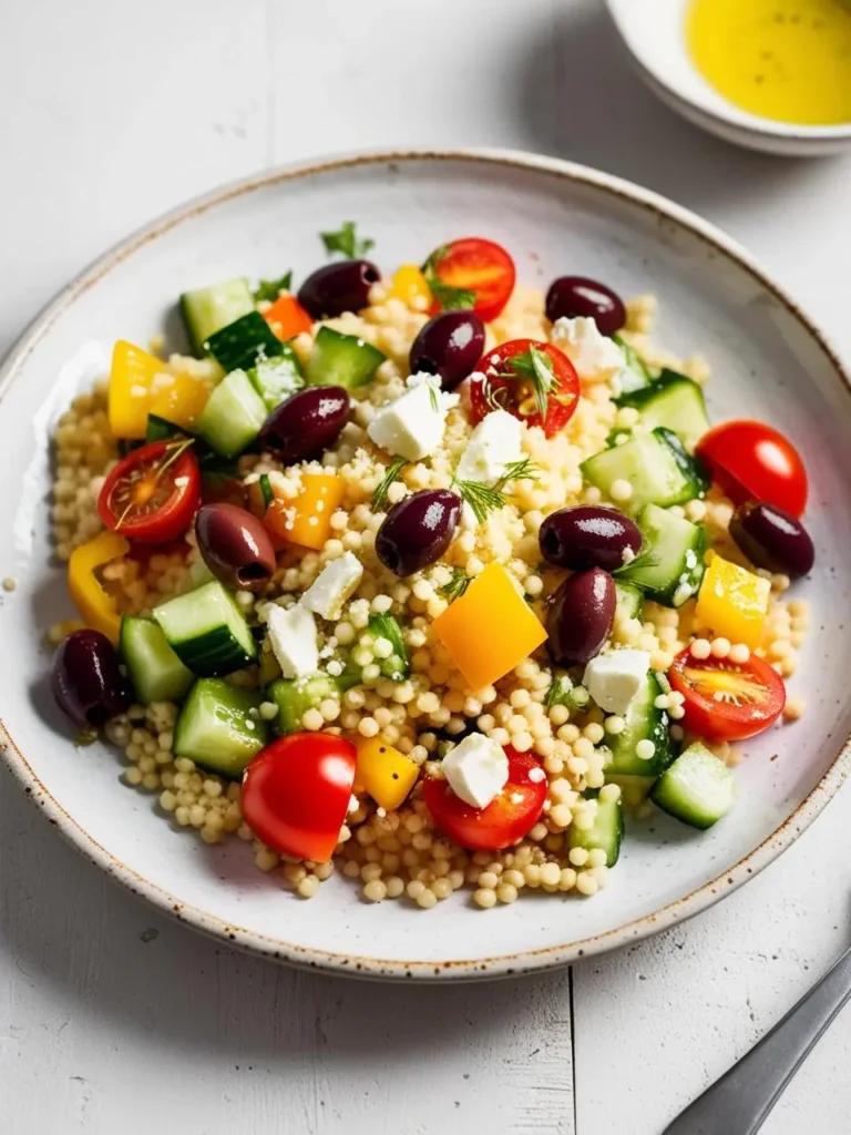 A vibrant Greek-inspired couscous salad. The dish features colorful ingredients like cherry tomatoes, cucumbers, bell peppers, olives, and crumbled feta cheese, all tossed with cooked couscous and a light dressing. The salad looks fresh, flavorful, and perfect for a summer meal.