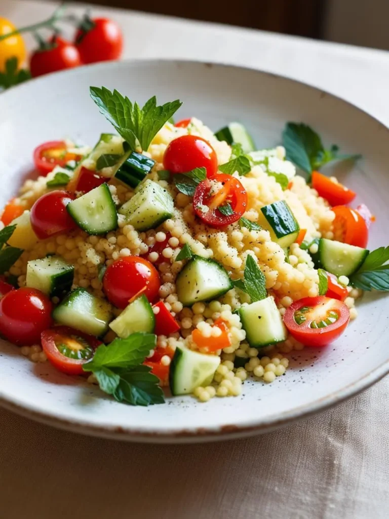 A vibrant couscous salad with diced cucumbers, cherry tomatoes, and fresh mint leaves. The salad looks light, refreshing, and perfect for a summer meal.