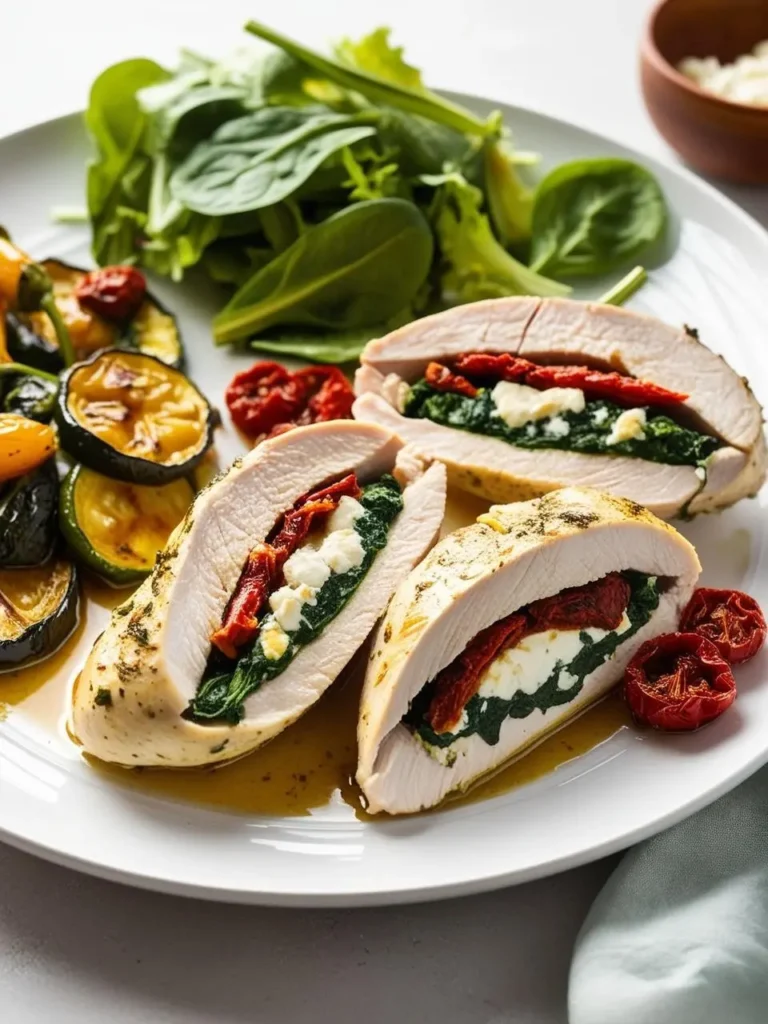 A plate of stuffed chicken breasts filled with spinach and feta cheese. The chicken is sliced to reveal the filling and is served alongside roasted vegetables and a fresh salad.