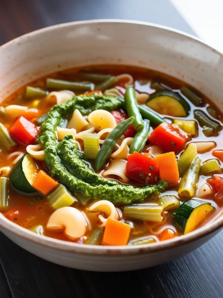 A bowl of vibrant minestrone soup. The soup is brimming with colorful vegetables like carrots, zucchini, green beans, and tomatoes, along with small pasta shapes. A dollop of fresh pesto adds a burst of flavor and color to the dish.