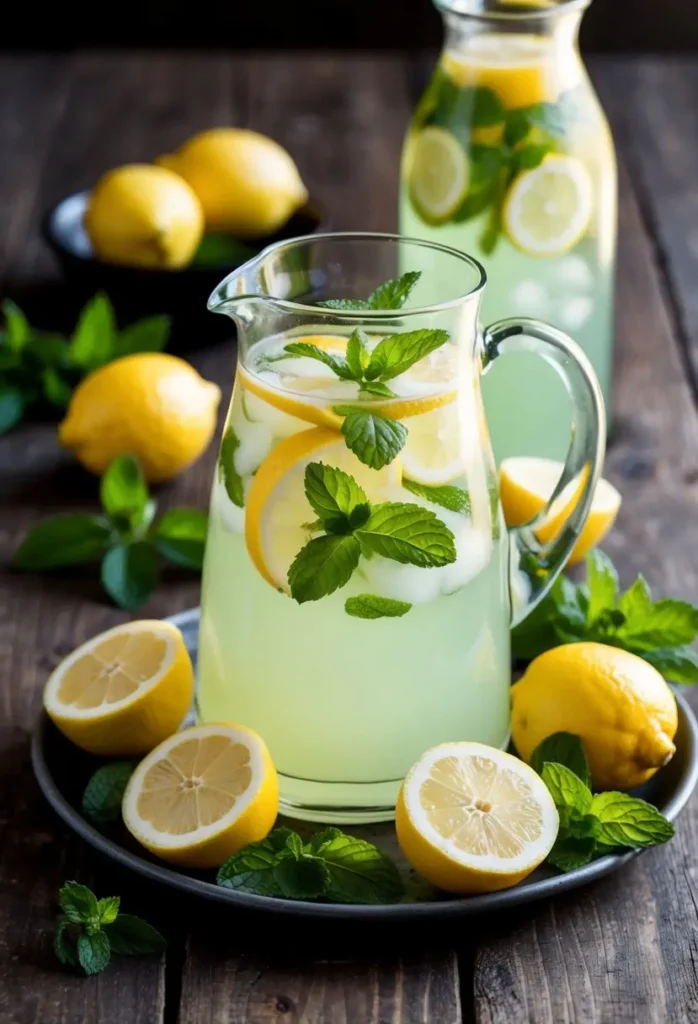 A pitcher of mint lemonade surrounded by fresh lemons and sprigs of mint on a rustic wooden table