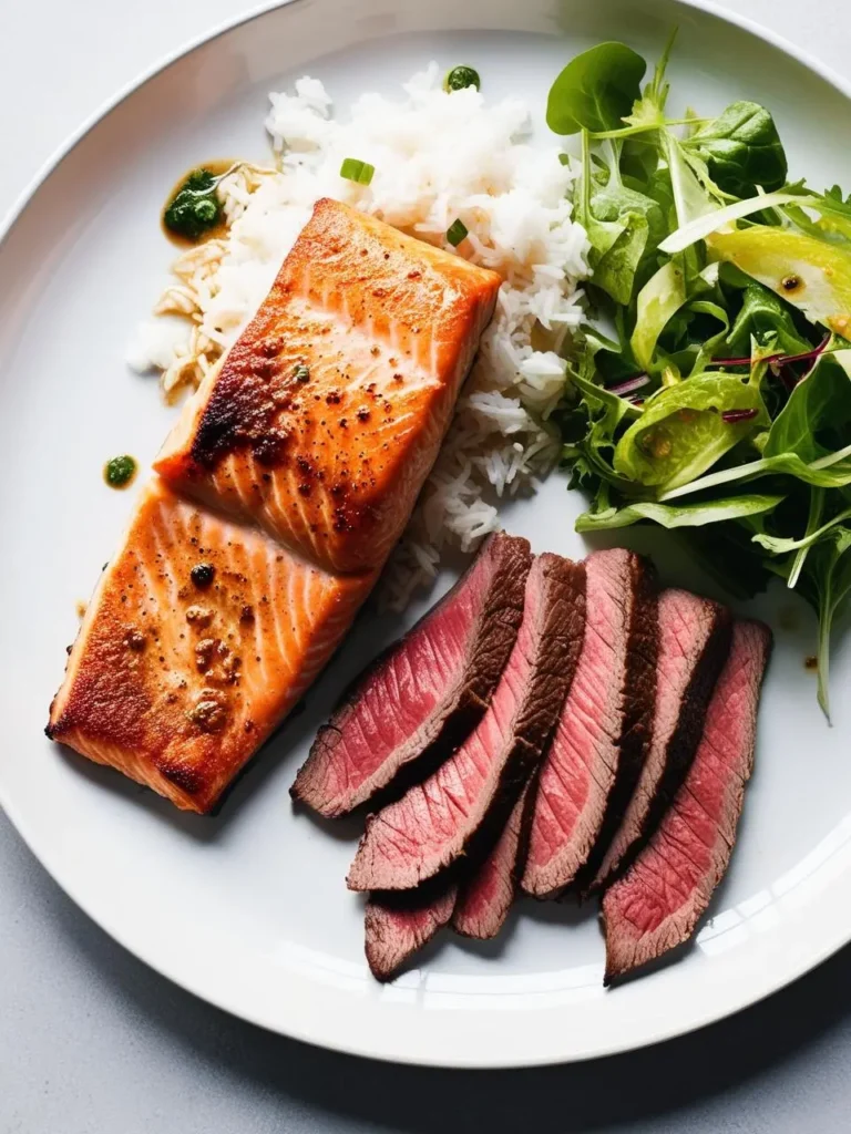 A plate of pan-seared salmon fillet and sliced steak, a classic surf and turf combination. The salmon is cooked to a golden brown, while the steak is seared to a perfect medium-rare. The dish is served with a side of steamed rice and a vibrant green salad. It looks elegant and delicious, perfect for a special occasion.