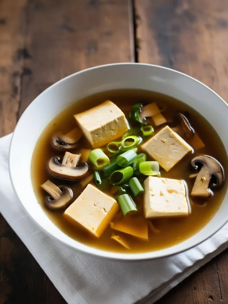 A bowl of miso soup with tofu, mushrooms, and sliced green onions. The broth looks light and flavorful, garnished with fresh herbs.