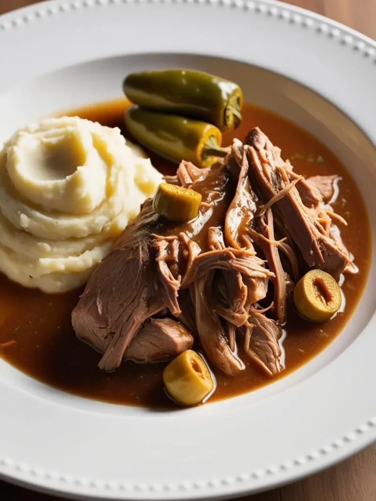 A plate of shredded pot roast smothered in a rich, brown gravy. It's served with a side of creamy mashed potatoes and garnished with sliced olives and pickled jalapenos. The dish looks incredibly tender and flavorful.