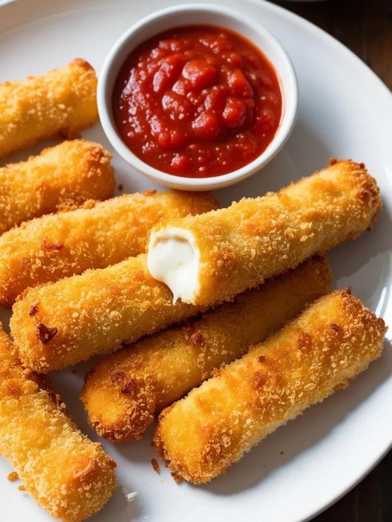 A plate of golden brown mozzarella sticks with a bite taken out of one, revealing the melted cheese inside. A small bowl of marinara sauce is next to the sticks.