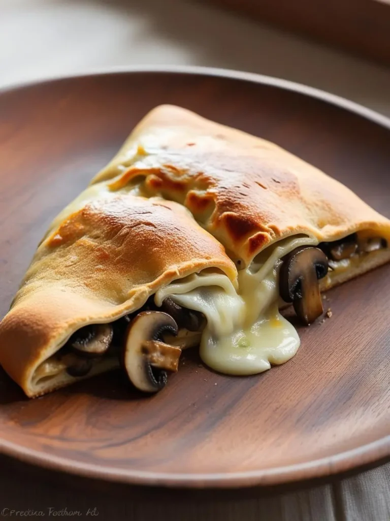 A golden-brown calzone, sliced open to reveal a cheesy filling with mushrooms. The calzone sits on a wooden plate, oozing with melted cheese. It looks delicious and perfect for a quick and satisfying meal.