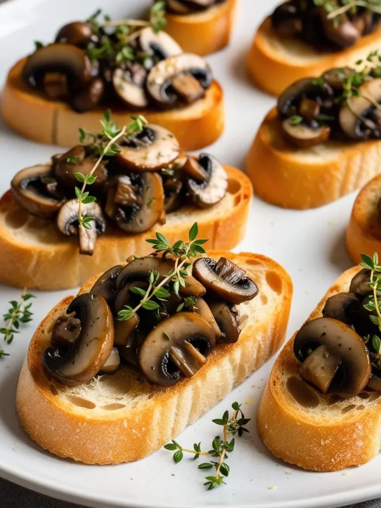 A plate of savory mushroom crostini. Toasted bread is generously topped with sautéed mushrooms, creating a rich and earthy flavor. Fresh thyme sprigs add a touch of color and aroma. The crostini look perfect for a light appetizer or starter.