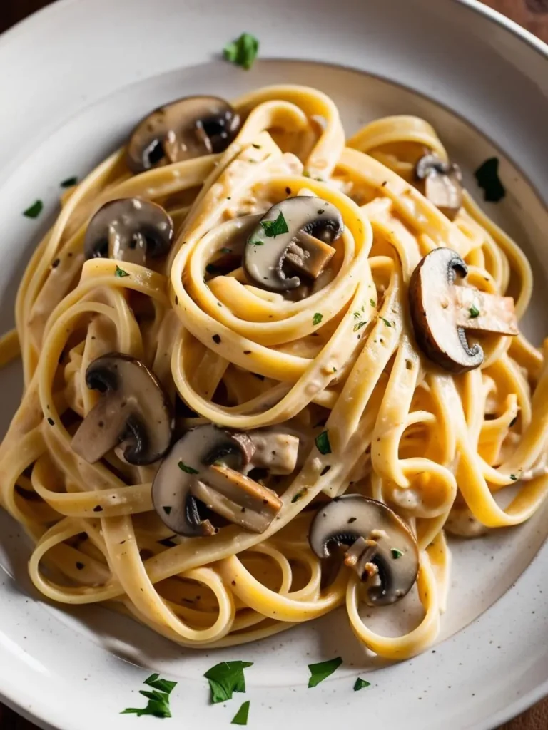 A plate of fettuccine pasta coated in a creamy sauce and topped with sautéed mushrooms. The dish looks rich, flavorful, and perfect for a satisfying meal.