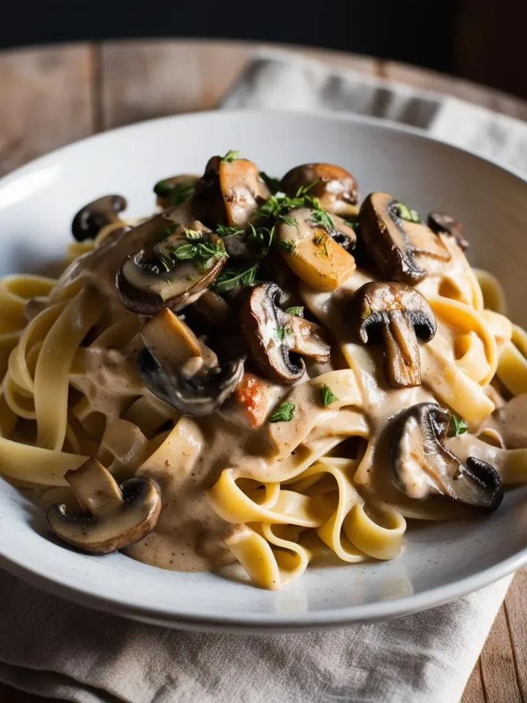 A plate of fettuccine pasta coated in a creamy mushroom sauce. The pasta is topped with large, sliced mushrooms and garnished with fresh herbs. The dish looks rich, flavorful, and perfect for a satisfying meal.