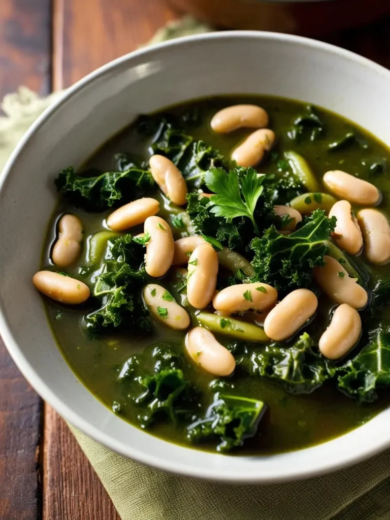 A bowl of vibrant green soup with white beans and kale. The soup has a rich, vibrant color and is garnished with fresh parsley. It looks hearty, healthy, and perfect for a comforting meal.