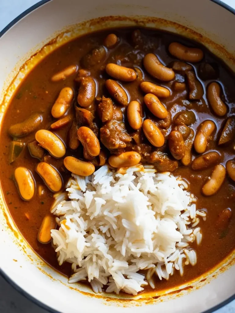 A bowl of creamy, yellow curry with white beans. The curry is served with a side of fluffy white rice. The dish looks incredibly appetizing and perfect for a warm and comforting meal.