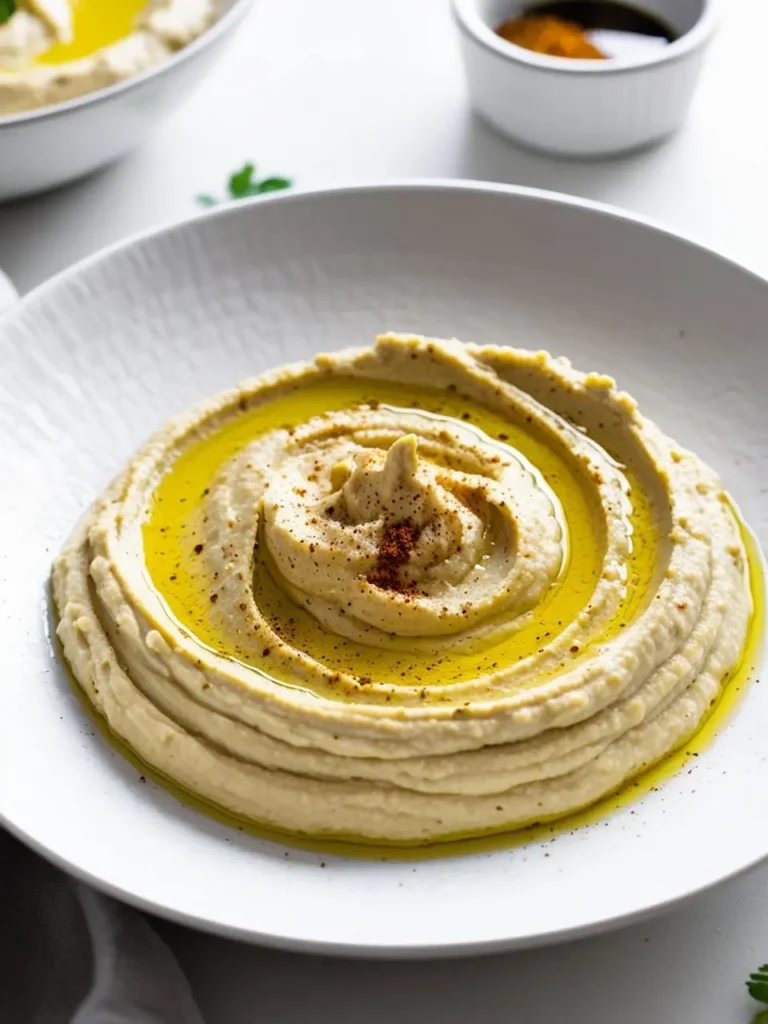 A plate of creamy hummus, smooth and spreadable. The hummus is drizzled with olive oil and sprinkled with paprika, adding a pop of color and flavor. It looks perfect for dipping pita bread or vegetables into.