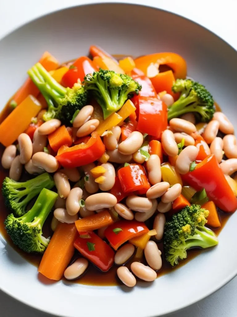 A vibrant dish of white beans, broccoli florets, red and yellow bell peppers, and carrots. The vegetables are glazed with a glossy sauce, making them look incredibly appetizing and perfect for a healthy and colorful meal.