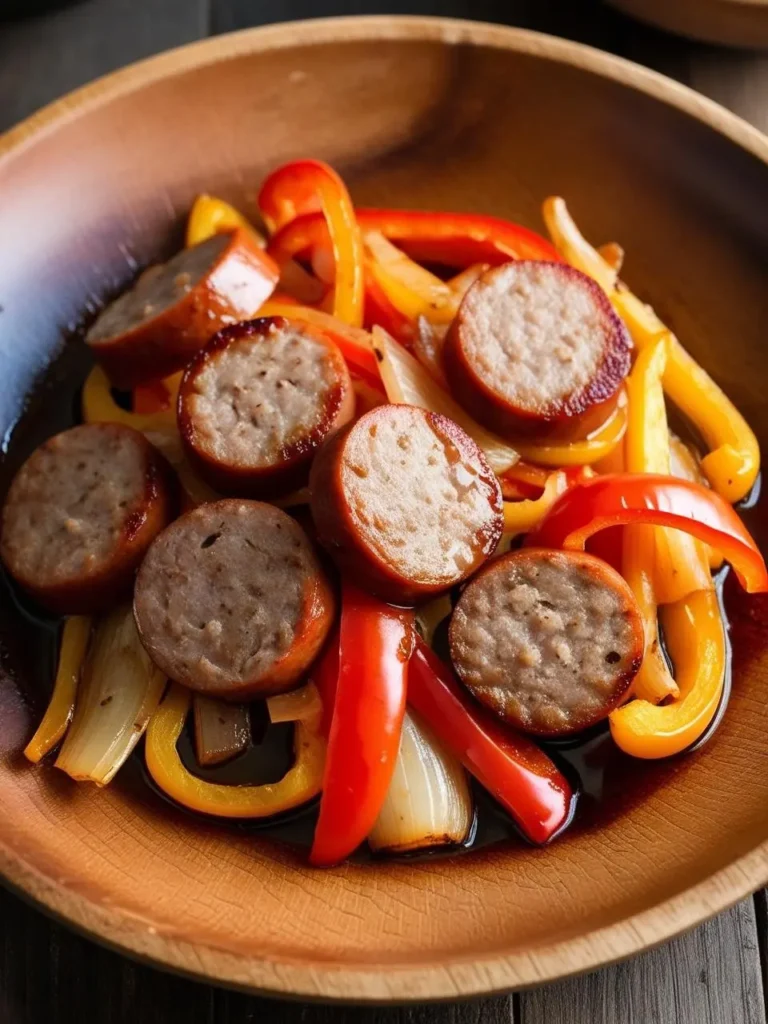 A plate of sausage and peppers with sliced red and yellow bell peppers and onions.