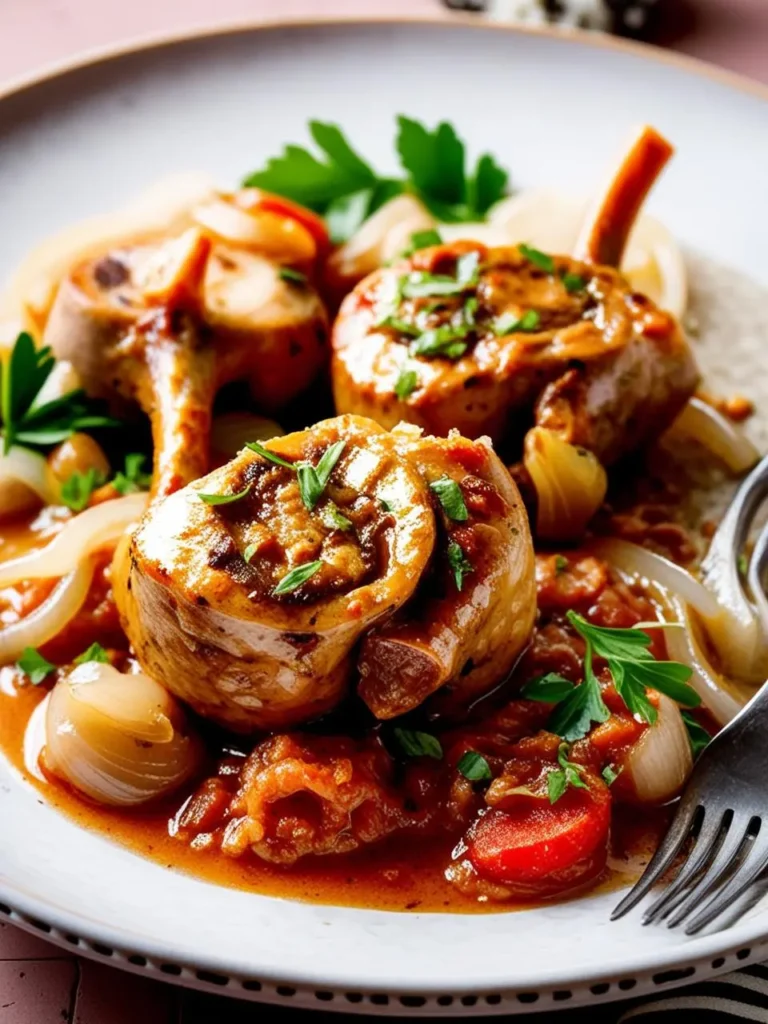 A plate of Ossobuco, a classic Italian dish. Braised veal shanks are slow-cooked until tender and served in a rich, flavorful sauce with vegetables. The dish looks incredibly appetizing and perfect for a special occasion.