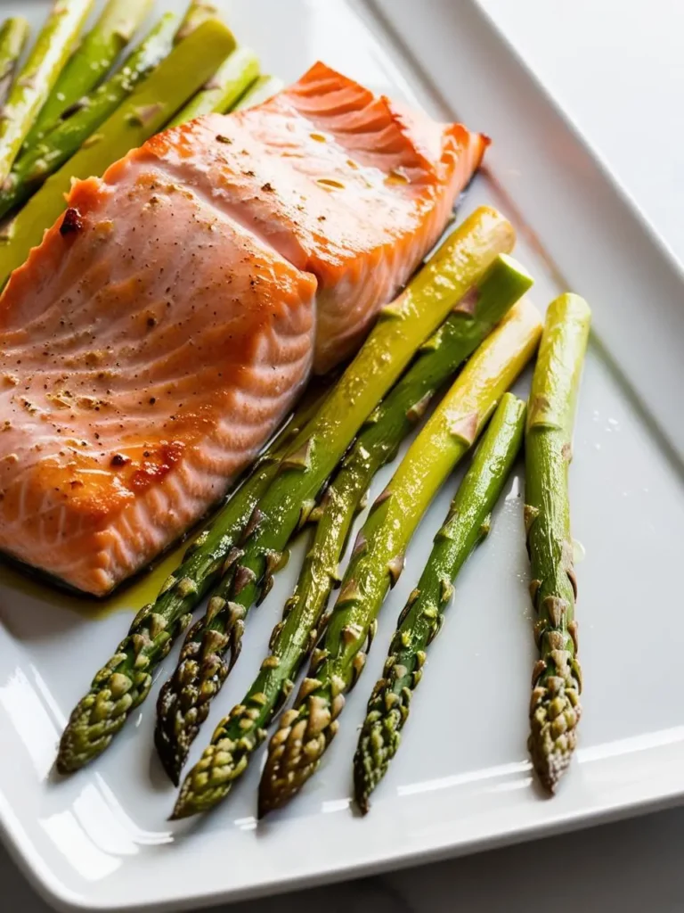 A plate of pan-seared salmon fillet with a golden crust, served alongside a bed of roasted asparagus spears. The salmon is perfectly cooked, and the asparagus is crisp-tender. The dish looks light, healthy, and flavorful.