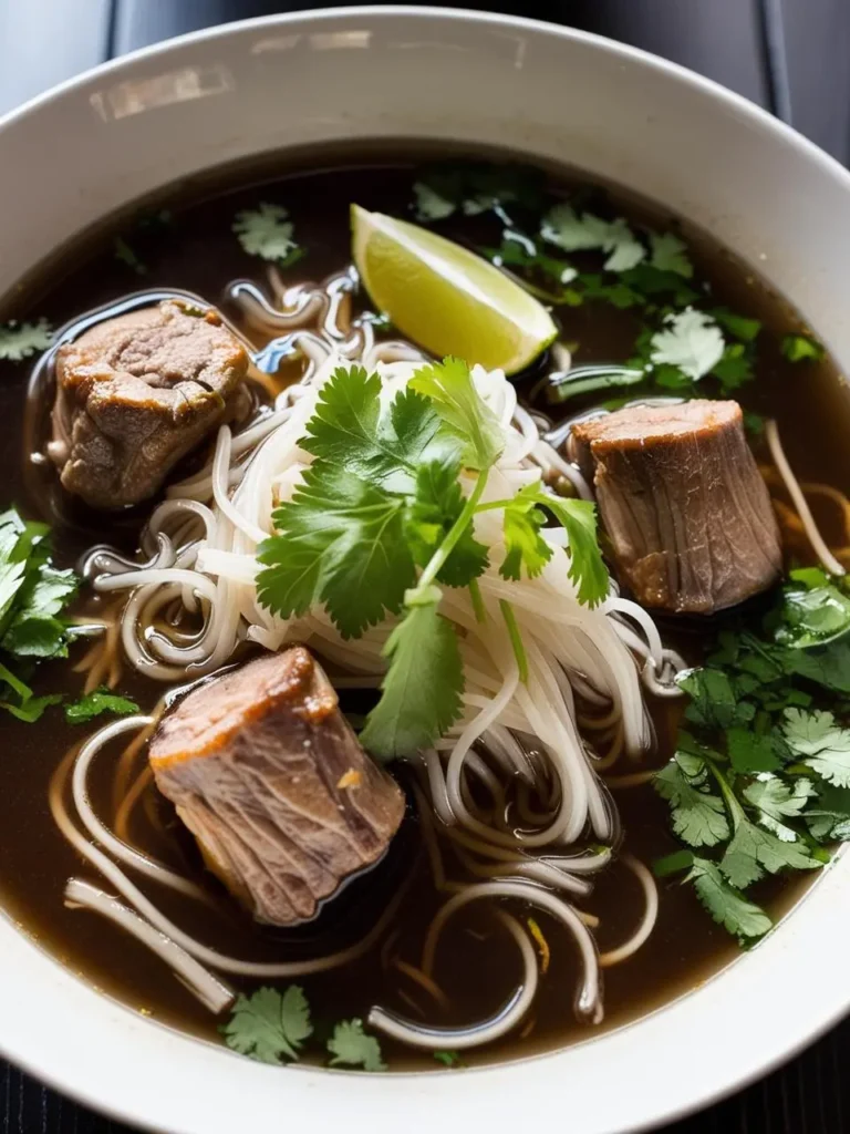 A steaming bowl of pho, a Vietnamese noodle soup. The broth is rich and dark, filled with tender beef slices, rice noodles, and fresh cilantro. A lime wedge adds a touch of freshness and aroma. The pho looks incredibly inviting and perfect for a warm and comforting meal.