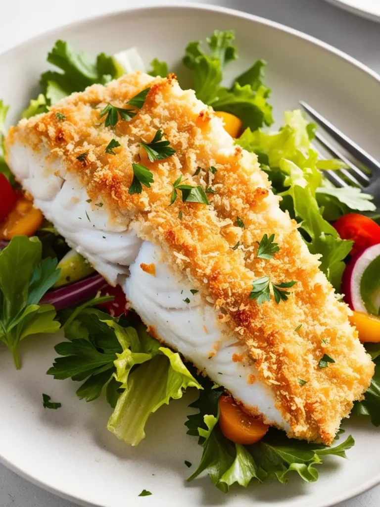 A plate of pan-fried fish with a golden-brown crust. The fish fillet is served on a bed of fresh salad with mixed greens, cherry tomatoes, and vegetables. The dish looks light, healthy, and appetizing.