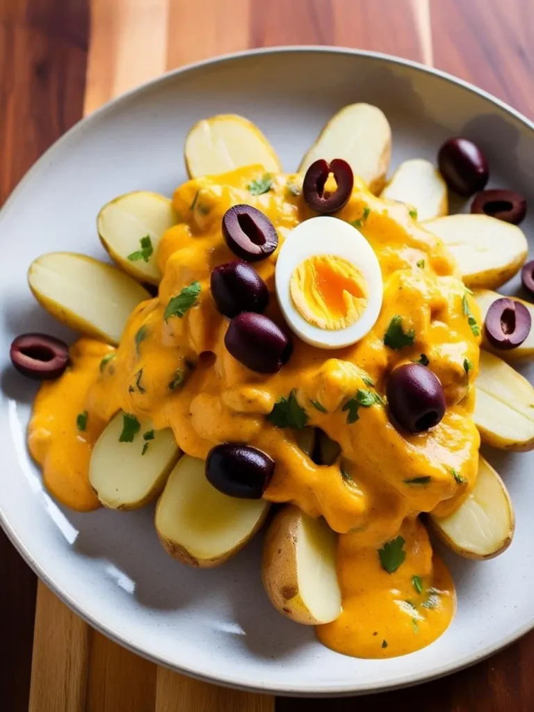 A plate of Papa a la Huancaina, a Peruvian dish. It features boiled potatoes covered in a creamy, yellow sauce made with aji amarillo peppers, cheese, and spices. The dish is garnished with hard-boiled eggs, black olives, and fresh cilantro. It looks incredibly flavorful and satisfying.