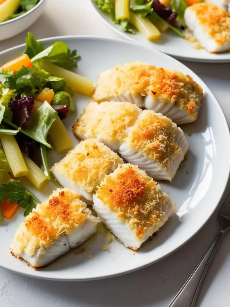 A plate of pan-fried fish with a golden-brown crust. The fish fillets are served with a side salad of mixed greens, carrots, and green beans. The dish looks light, healthy, and appetizing.