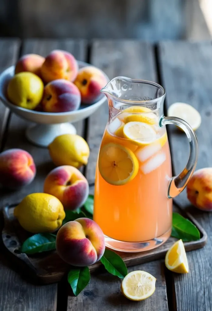 A pitcher of peach lemonade surrounded by fresh peaches and lemons on a rustic wooden table