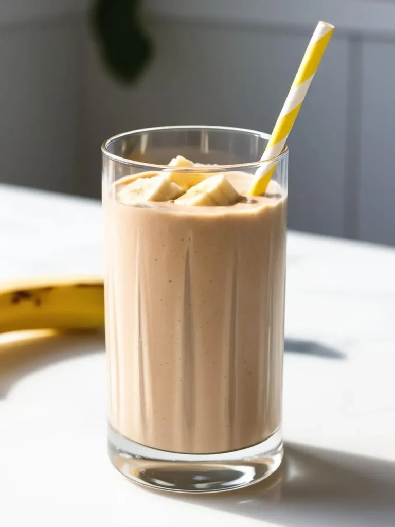 A tall glass filled with a creamy, light brown smoothie. Banana slices are visible on top, and a yellow and white striped straw is inserted. A whole banana is partially visible in the background. The smoothie looks refreshing and perfect for a healthy breakfast or snack.