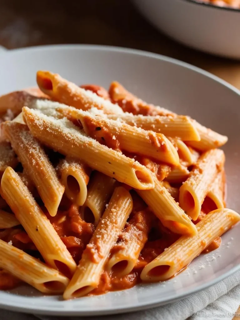 A plate of penne pasta coated in a rich, creamy tomato sauce. The pasta is sprinkled with grated Parmesan cheese, adding a touch of saltiness and a nutty flavor. The dish looks incredibly appetizing and perfect for a satisfying meal.