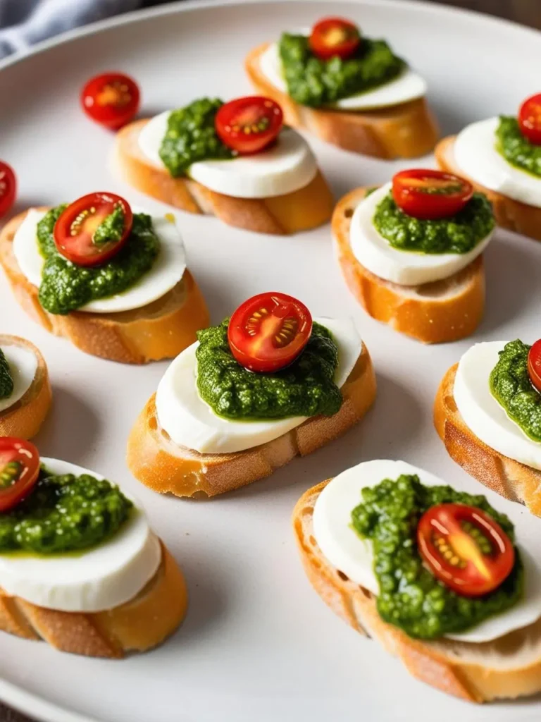 A plate of elegant crostini featuring a classic Italian flavor combination. Toasted bread is topped with a layer of creamy pesto, fresh mozzarella cheese, and halved cherry tomatoes. The crostini look simple yet elegant, perfect for a light appetizer or starter.