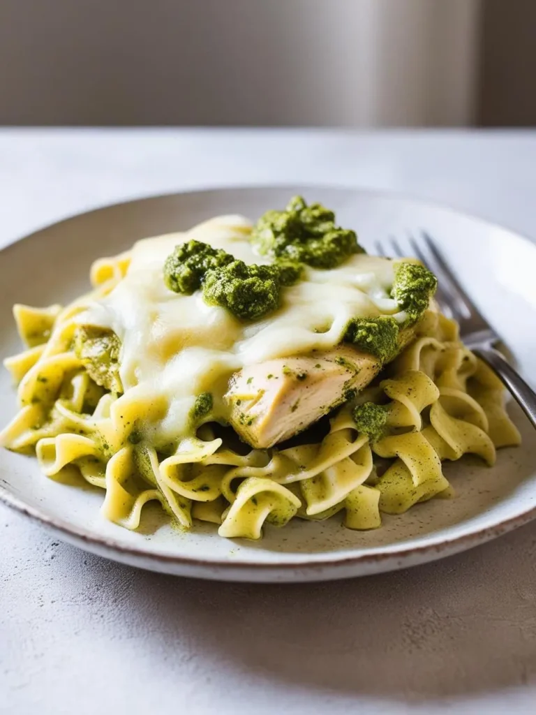 A plate of pesto chicken with melted mozzarella cheese, served over a bed of egg noodles.