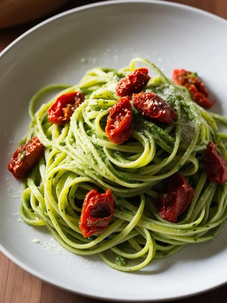 A plate of spaghetti pasta coated in a vibrant green pesto sauce, topped with sun-dried tomatoes and grated Parmesan cheese. The dish looks fresh, flavorful, and perfect for a light and satisfying meal.