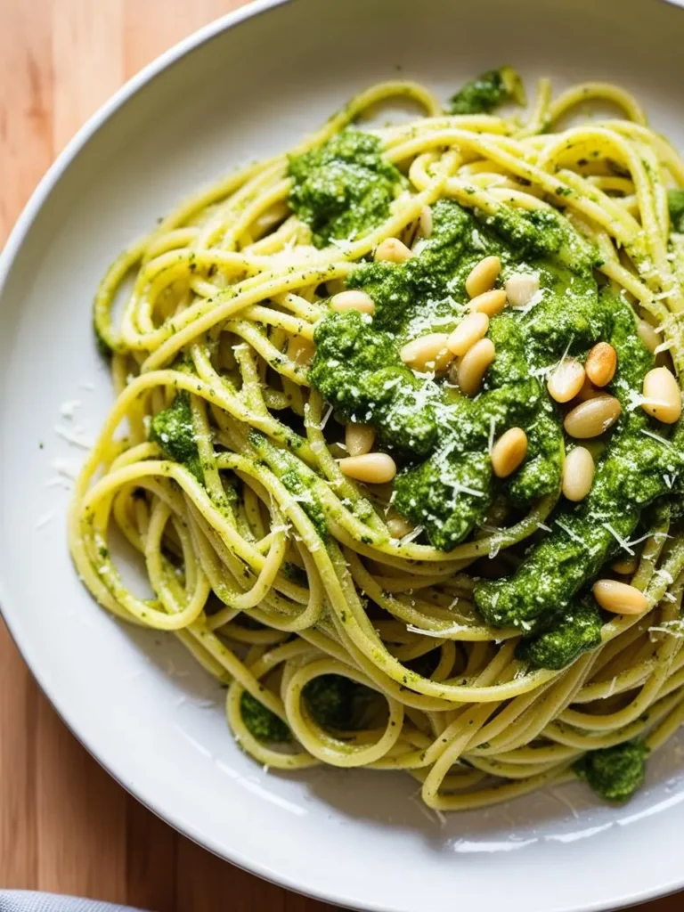 A plate of spaghetti pasta coated in a vibrant green pesto sauce. The sauce is made with fresh basil, garlic, pine nuts, and Parmesan cheese, and it's generously spread over the pasta. The dish looks incredibly flavorful and inviting.