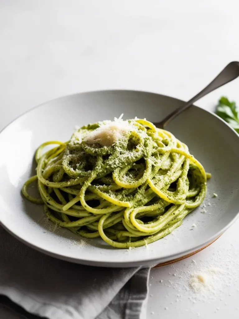 A plate of spaghetti coated in a vibrant green pesto sauce. The pasta is tossed with the sauce, and the plate is garnished with grated Parmesan cheese and a sprig of parsley. The dish looks fresh, flavorful, and perfect for a light and satisfying meal.