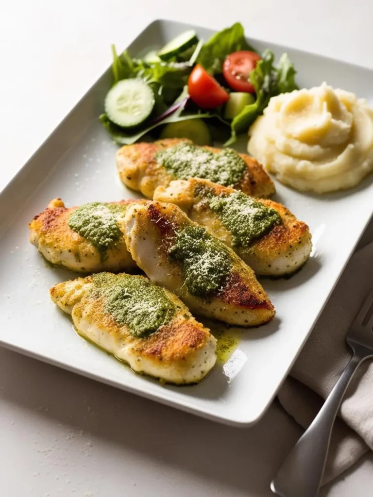 A plate of crispy, golden-brown chicken tenders smothered in a vibrant green pesto sauce. The chicken is served alongside a side of creamy mashed potatoes and a fresh salad. The dish looks delicious and inviting.