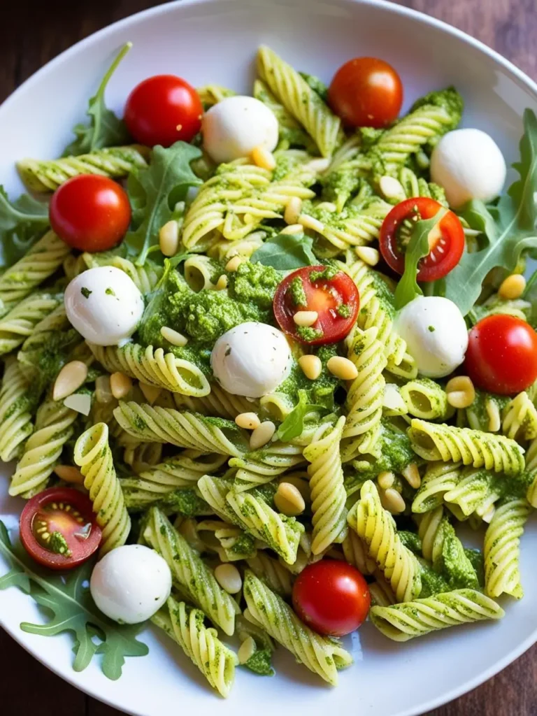 A plate of vibrant green pesto pasta salad with rotini pasta, cherry tomatoes, fresh mozzarella, and toasted pine nuts. The salad looks light, refreshing, and perfect for a summer meal.