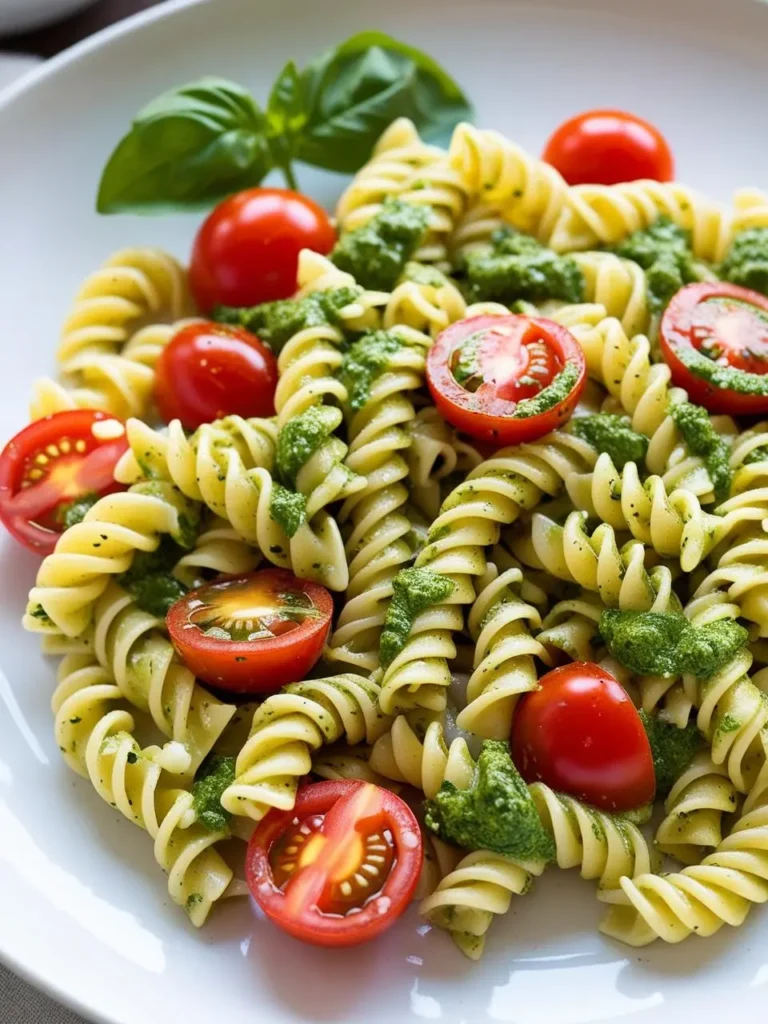 A plate of vibrant pasta salad. Rotini pasta is tossed with a vibrant green pesto sauce and garnished with halved cherry tomatoes and fresh basil leaves. The colors are bright and inviting, making it a perfect summer dish.